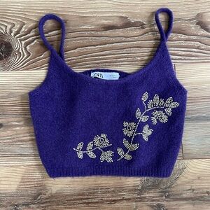 Purple ZARA cropped tank top with gold leaf embroidery
